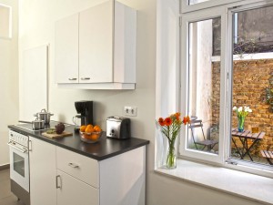 Kitchen overlooking the courtyard in the Wien apartment