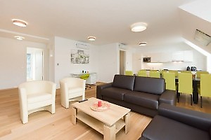 großes Wohnzimmer mit 2 Sofas und Esstisch in Fewo Wien