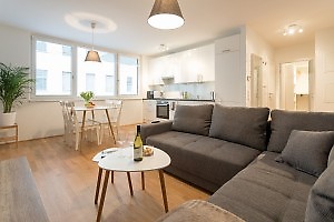 cozy gray corner sofa with cushions in apartment Vienna