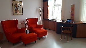 2 red wing chairs in the private Vienna apartment