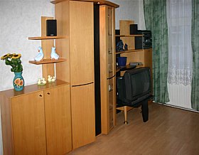 Wohnzimmer-Einbauschrank mit TV und tollen Vorhängen