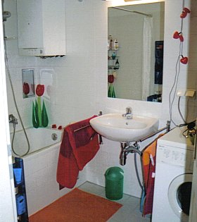 Badezimmer mit Wanne und Waschmaschine