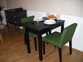 Esstisch mit 2 grünen Stühlen