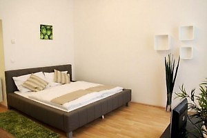 schönes Doppelbett mit grünem Teppich